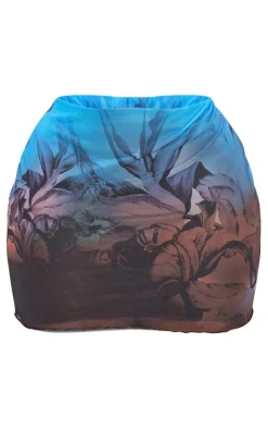 Best PrettyLittleThing Plus Floral Printed Lettuce Hem Mesh Bodycon Skirt Blue