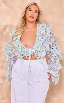 PrettyLittleThing Blouses*Plus Floral Sheer Woven Ruffle Tie Crop Blouse