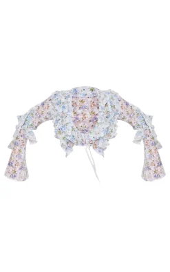 PrettyLittleThing Blouses*Plus Floral Sheer Woven Ruffle Tie Crop Blouse