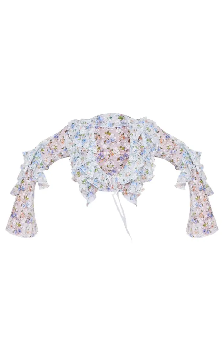 PrettyLittleThing Blouses*Plus Floral Sheer Woven Ruffle Tie Crop Blouse