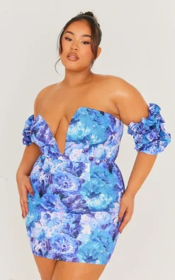 Plus Floral V Neck Ruffle Sleeve Bodycon Dress-PrettyLittleThing Best