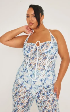 Online PrettyLittleThing Plus Jacquard Floral Boned Corset Top Blue