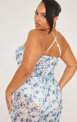Online PrettyLittleThing Plus Jacquard Floral Boned Corset Top Blue