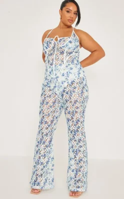 Online PrettyLittleThing Plus Jacquard Floral Boned Corset Top Blue