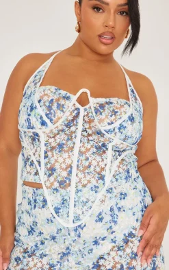 Online PrettyLittleThing Plus Jacquard Floral Boned Corset Top Blue