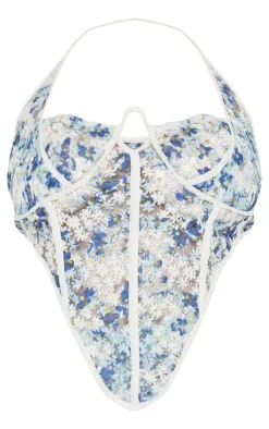 Online PrettyLittleThing Plus Jacquard Floral Boned Corset Top Blue