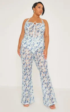 Clearance PrettyLittleThing Plus Jacquard Floral Straight Leg Pants Blue