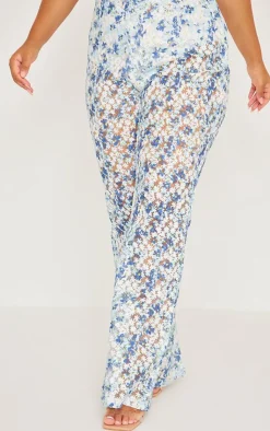 Clearance PrettyLittleThing Plus Jacquard Floral Straight Leg Pants Blue