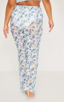 Clearance PrettyLittleThing Plus Jacquard Floral Straight Leg Pants Blue
