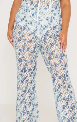 Clearance PrettyLittleThing Plus Jacquard Floral Straight Leg Pants Blue
