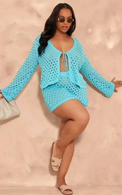 New PrettyLittleThing Plus Knit Hole Mini Skirt Blue