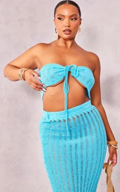 Outlet PrettyLittleThing Plus Knitted Tie Front Bandeau Top Blue