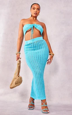 Outlet PrettyLittleThing Plus Knitted Tie Front Bandeau Top Blue