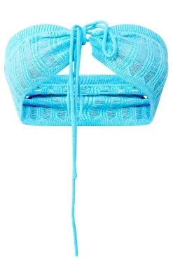 Outlet PrettyLittleThing Plus Knitted Tie Front Bandeau Top Blue