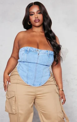 PrettyLittleThing Corsets*Plus Blue Light Wash Jean Waistband Detail Denim Corset Top
