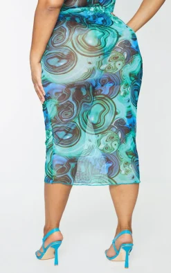 New PrettyLittleThing Plus Marble Print Print Mesh Bodycon Midi Skirt Blue