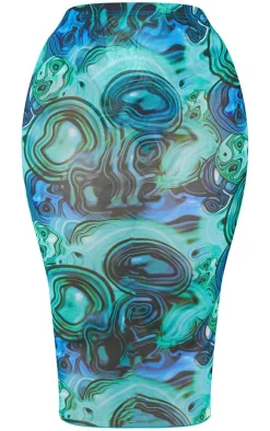 New PrettyLittleThing Plus Marble Print Print Mesh Bodycon Midi Skirt Blue