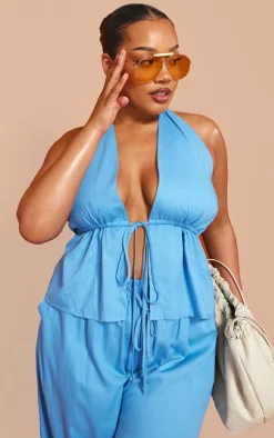 Outlet PrettyLittleThing Plus Marl Linen Look Tie Waist Longline Top Blue