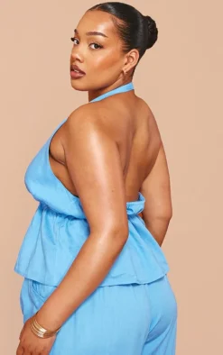 Outlet PrettyLittleThing Plus Marl Linen Look Tie Waist Longline Top Blue