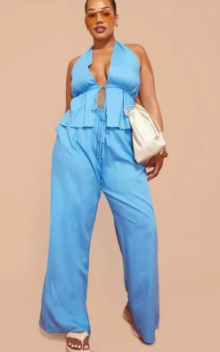 Outlet PrettyLittleThing Plus Marl Linen Look Tie Waist Longline Top Blue