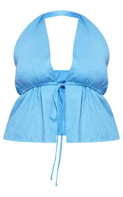 Outlet PrettyLittleThing Plus Marl Linen Look Tie Waist Longline Top Blue