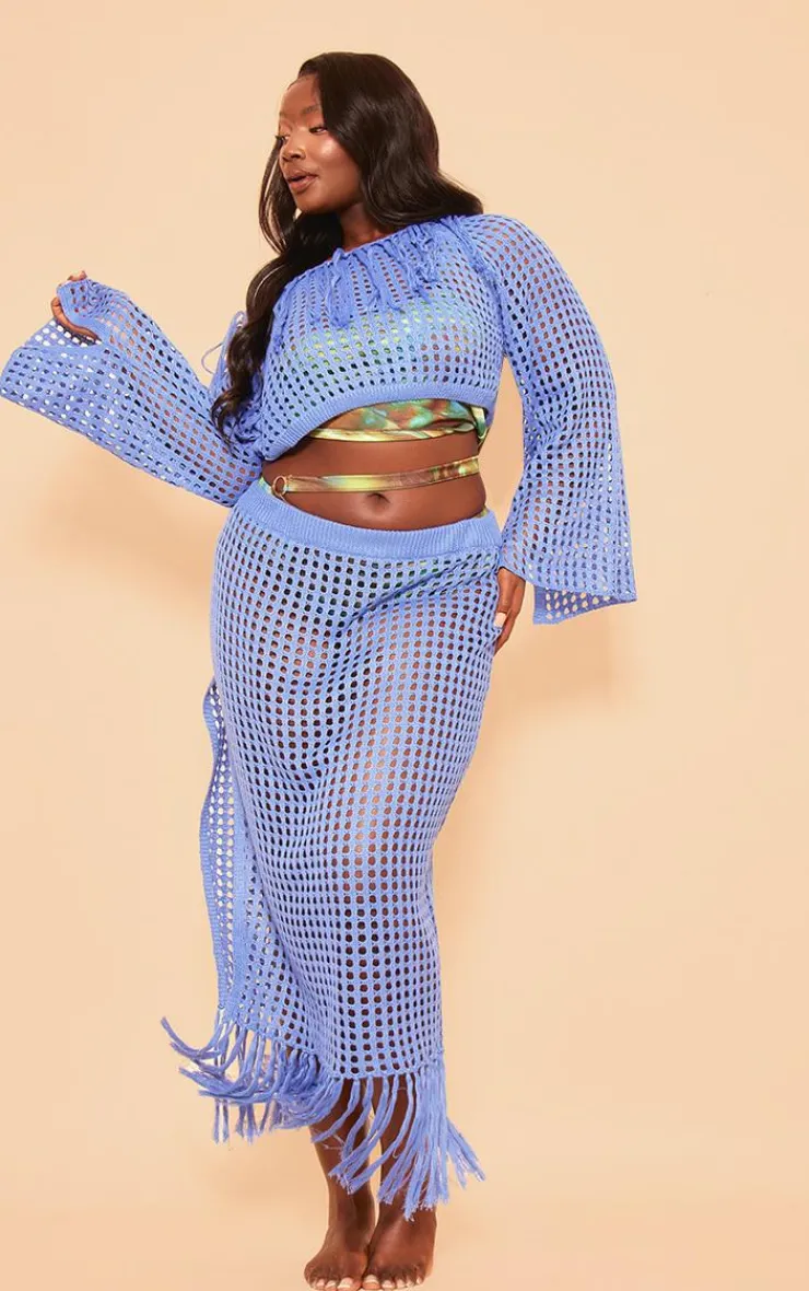 Best PrettyLittleThing Plus Midi Tassel Knitted Detail Skirt Blue