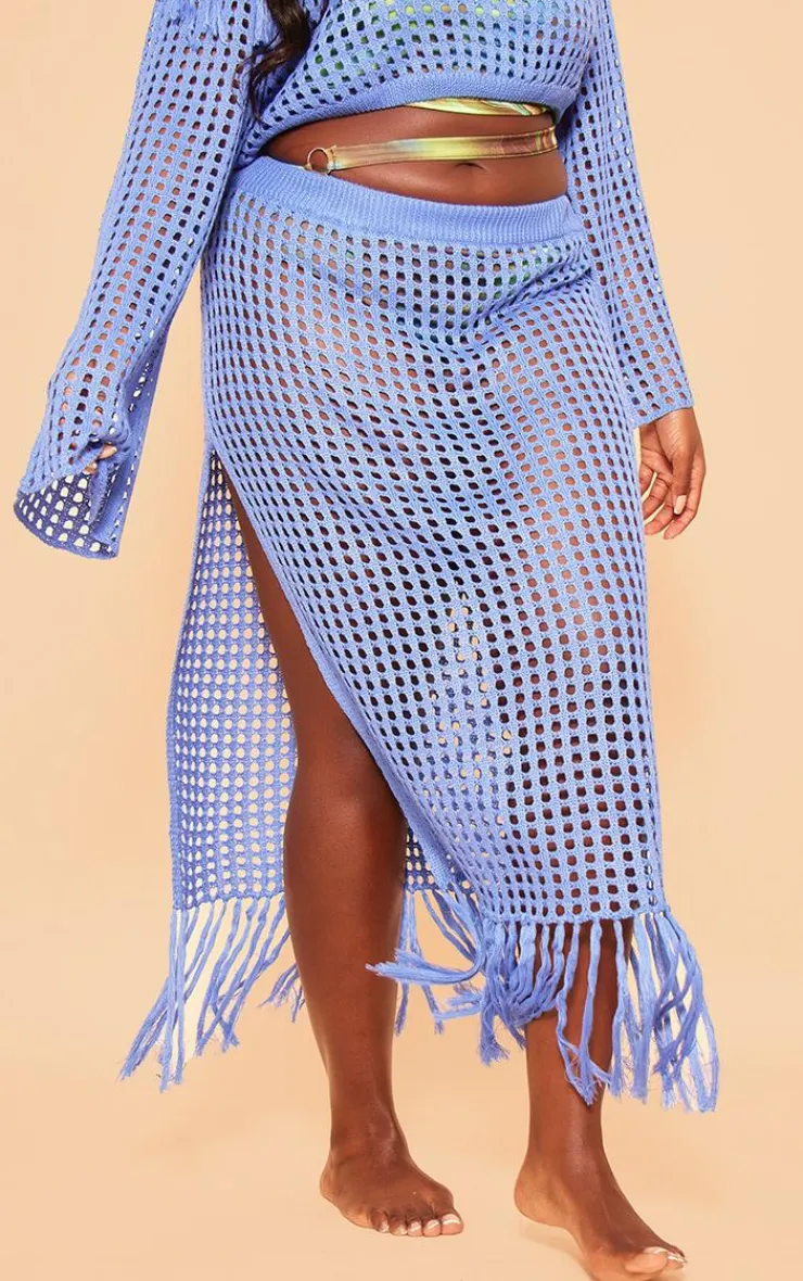 Best PrettyLittleThing Plus Midi Tassel Knitted Detail Skirt Blue