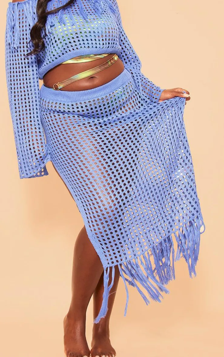Best PrettyLittleThing Plus Midi Tassel Knitted Detail Skirt Blue