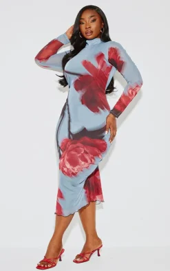 Plus Placement Floral Print Long Sleeve Midi Dress-PrettyLittleThing