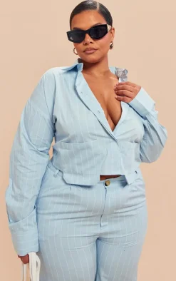 Discount PrettyLittleThing Plus Poplin Pinstripe Pocket Detail Cropped Shirt Blue