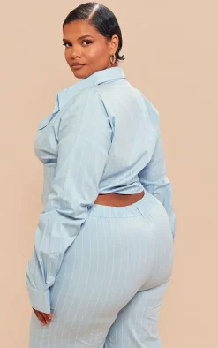 Discount PrettyLittleThing Plus Poplin Pinstripe Pocket Detail Cropped Shirt Blue