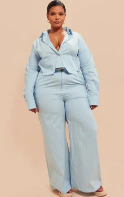 Discount PrettyLittleThing Plus Poplin Pinstripe Pocket Detail Cropped Shirt Blue