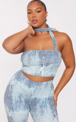 Hot PrettyLittleThing Plus Ribbed Tie Dye Bandeau Top Blue