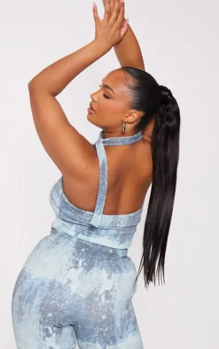 Hot PrettyLittleThing Plus Ribbed Tie Dye Bandeau Top Blue