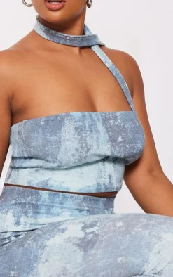 Hot PrettyLittleThing Plus Ribbed Tie Dye Bandeau Top Blue