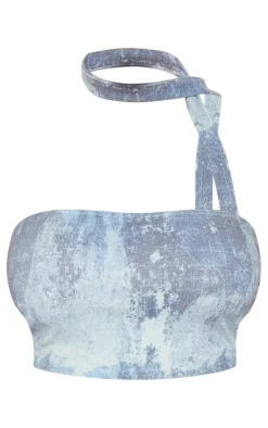 Hot PrettyLittleThing Plus Ribbed Tie Dye Bandeau Top Blue