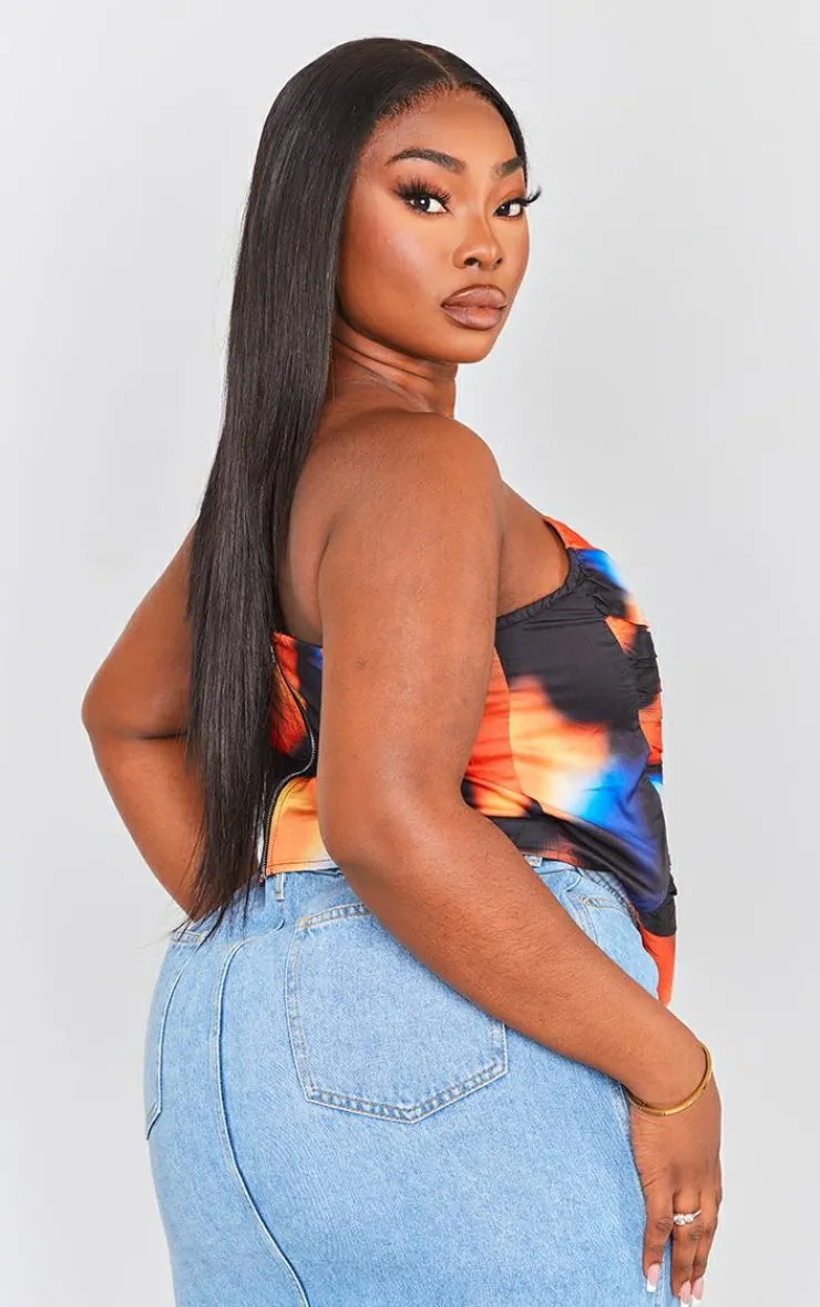 PrettyLittleThing Corsets*Plus Splodge Print Woven Asymmetric Pointed Hem Corset