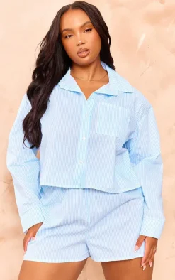 Discount PrettyLittleThing Plus Striped Boxy Short Blue