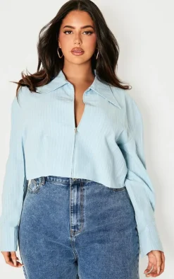 PrettyLittleThing Shirts*Plus Striped Zip Up Cropped Shirt