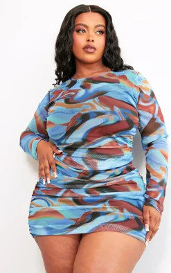 Plus Swirl Print Ruched Detail Bodycon Dress-PrettyLittleThing Clearance