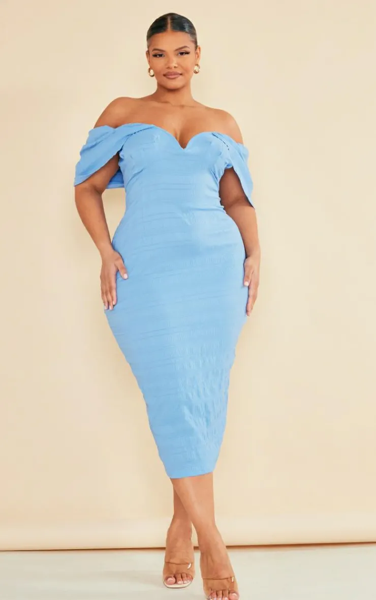Plus Textured Bardot Midi Dress-PrettyLittleThing