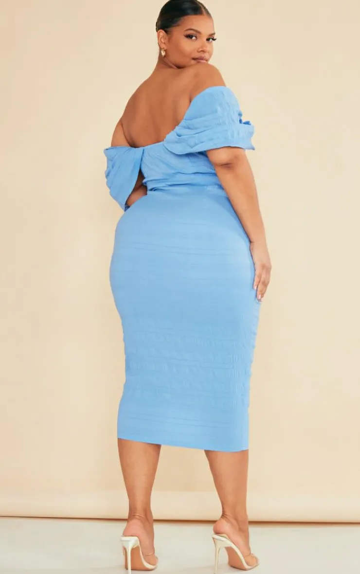 Plus Textured Bardot Midi Dress-PrettyLittleThing