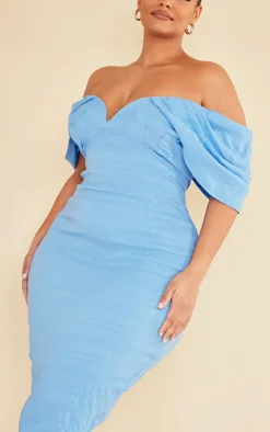 Plus Textured Bardot Midi Dress-PrettyLittleThing