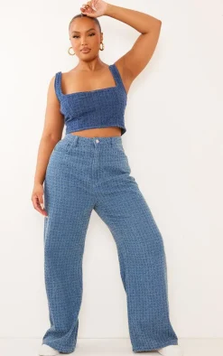 New PrettyLittleThing Plus Textured Corset Denim Top Blue