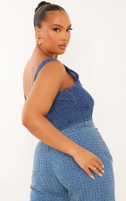 New PrettyLittleThing Plus Textured Corset Denim Top Blue