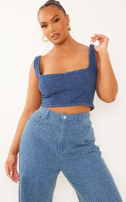 New PrettyLittleThing Plus Textured Corset Denim Top Blue