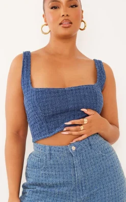 New PrettyLittleThing Plus Textured Corset Denim Top Blue