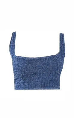 New PrettyLittleThing Plus Textured Corset Denim Top Blue