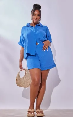 Clearance PrettyLittleThing Plus Textured Linen Look Short Sleeve Shirt Blue