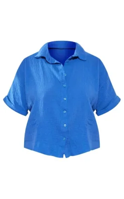 Clearance PrettyLittleThing Plus Textured Linen Look Short Sleeve Shirt Blue